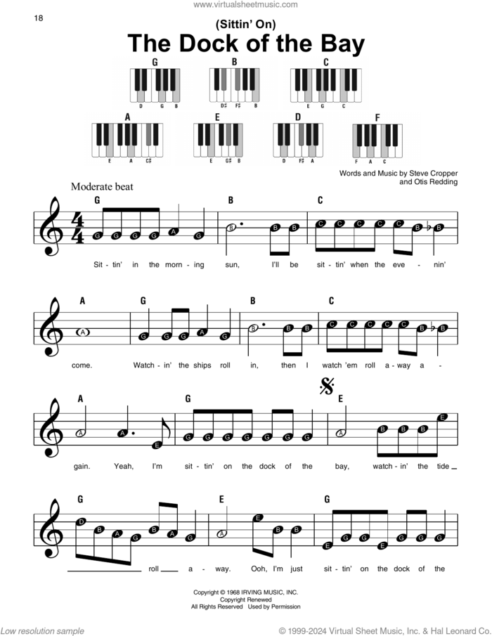 (Sittin' On) The Dock Of The Bay sheet music for piano solo by Otis Redding and Steve Cropper, beginner skill level