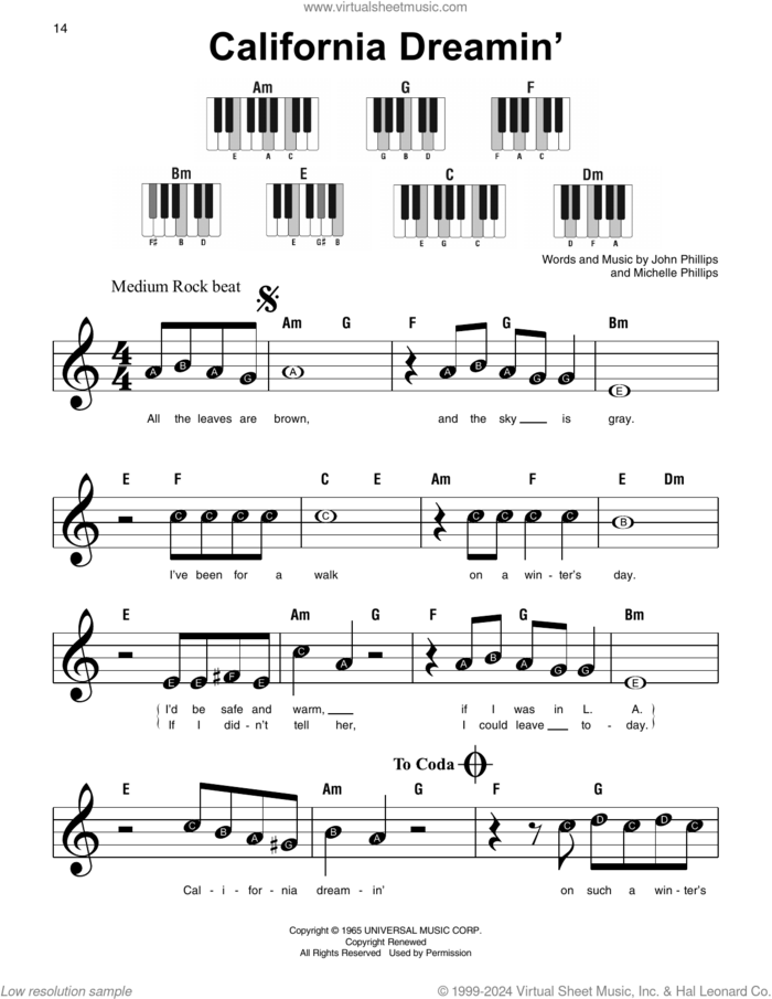 California Dreamin' sheet music for piano solo by The Mamas & The Papas, John Phillips and Michelle Phillips, beginner skill level