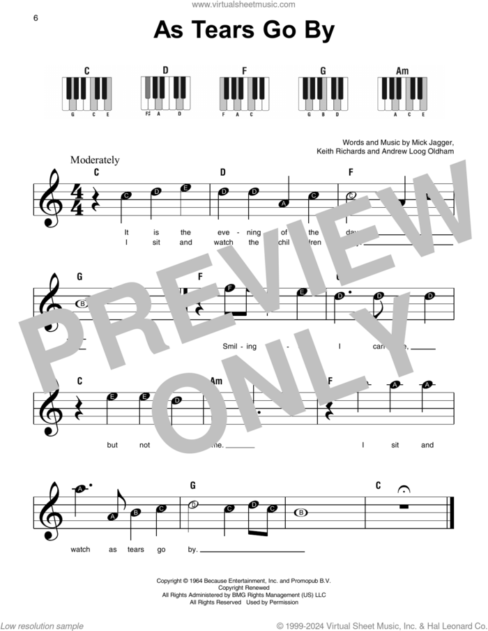 As Tears Go By sheet music for piano solo by The Rolling Stones, Marianne Faithfull, Andrew Loog Oldham, Keith Richards and Mick Jagger, beginner skill level