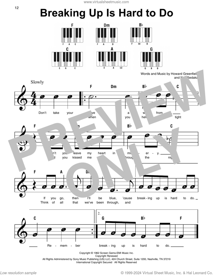 Breaking Up Is Hard To Do, (beginner) sheet music for piano solo by Neil Sedaka, Partridge Family and Howard Greenfield, beginner skill level