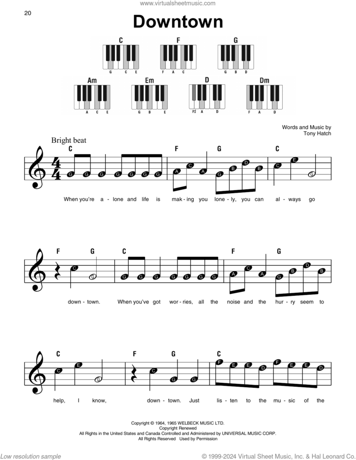 Downtown, (beginner) sheet music for piano solo by Petula Clark and Tony Hatch, beginner skill level