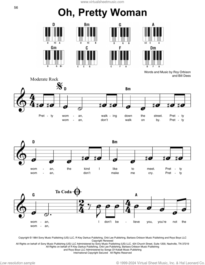 Oh, Pretty Woman sheet music for piano solo by Roy Orbison, Edward Van Halen and Bill Dees, beginner skill level