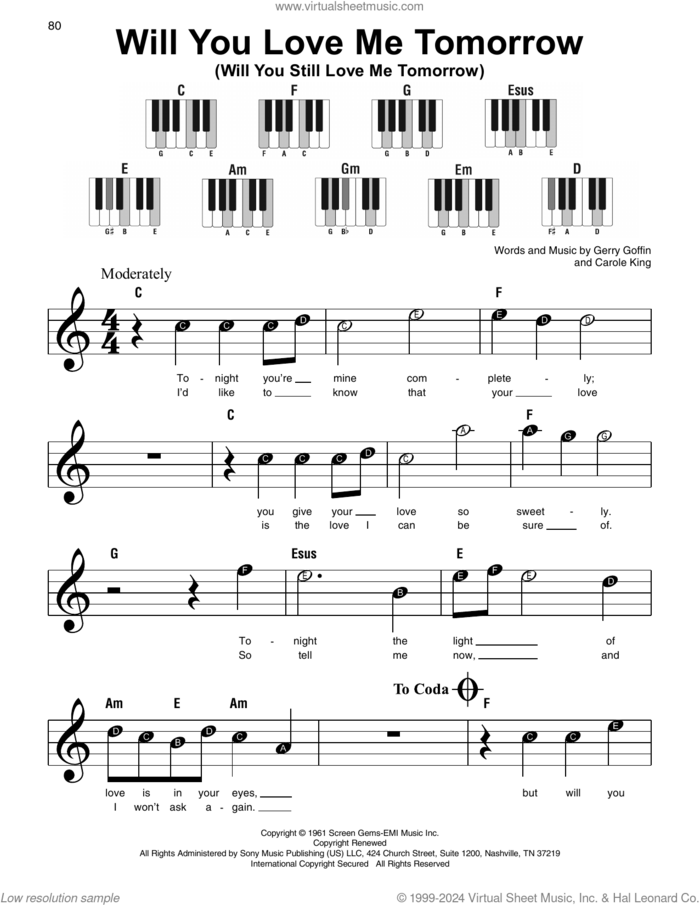 Will You Love Me Tomorrow (Will You Still Love Me Tomorrow), (beginner) (Will You Still Love Me Tomorrow) sheet music for piano solo by Carole King, The Shirelles and Gerry Goffin, beginner skill level