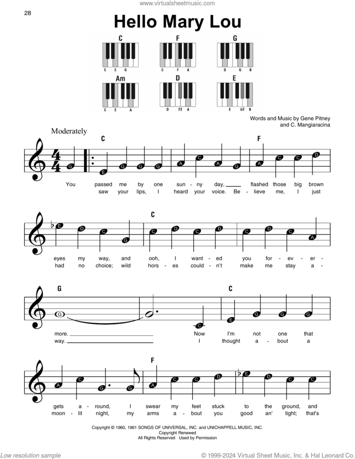 Hello Mary Lou sheet music for piano solo by Ricky Nelson, Statler Brothers, C. Mangiaracina and Gene Pitney, beginner skill level