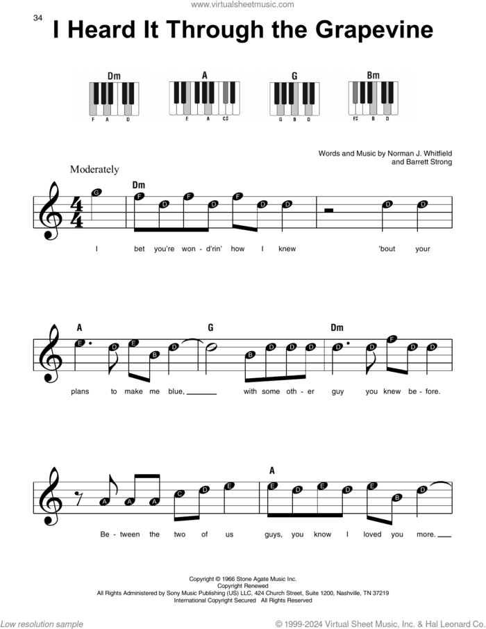 I Heard It Through The Grapevine sheet music for piano solo by Marvin Gaye, Creedence Clearwater Revival, Gladys Knight & The Pips, Michael McDonald, Barrett Strong and Norman Whitfield, beginner skill level