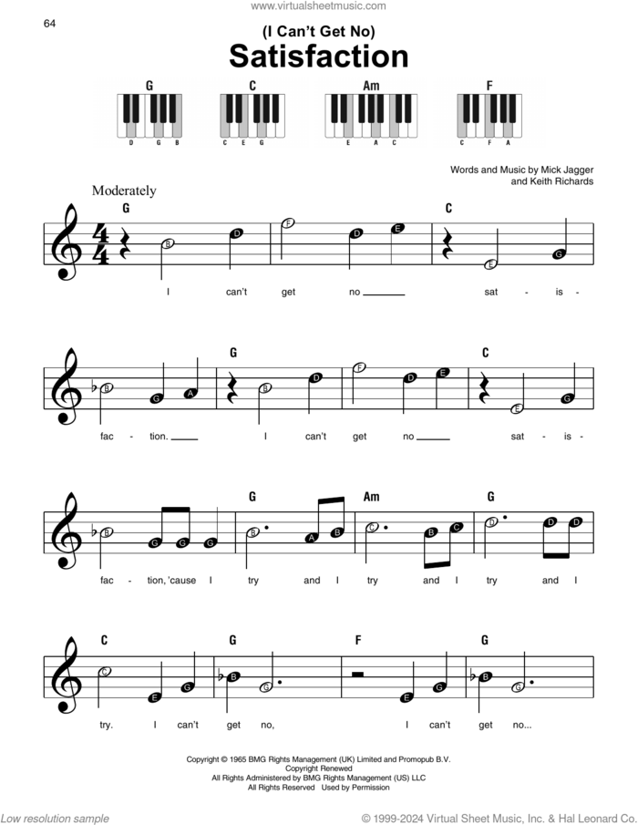 (I Can't Get No) Satisfaction sheet music for piano solo by The Rolling Stones, Keith Richards and Mick Jagger, beginner skill level