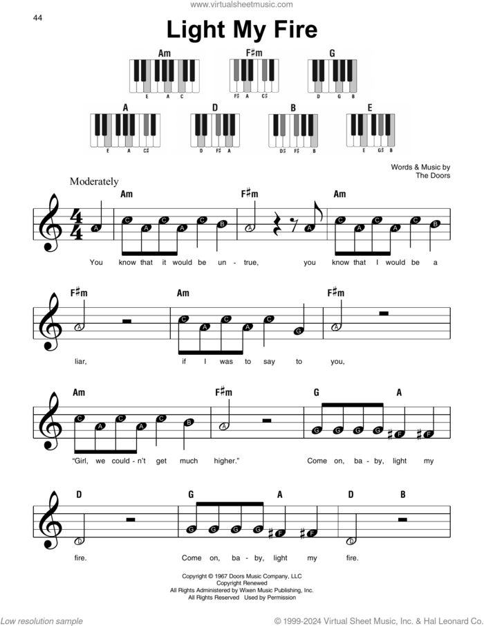 Light My Fire, (beginner) sheet music for piano solo by The Doors, Jim Morrison, John Densmore, Ray Manzarek and Robby Krieger, beginner skill level