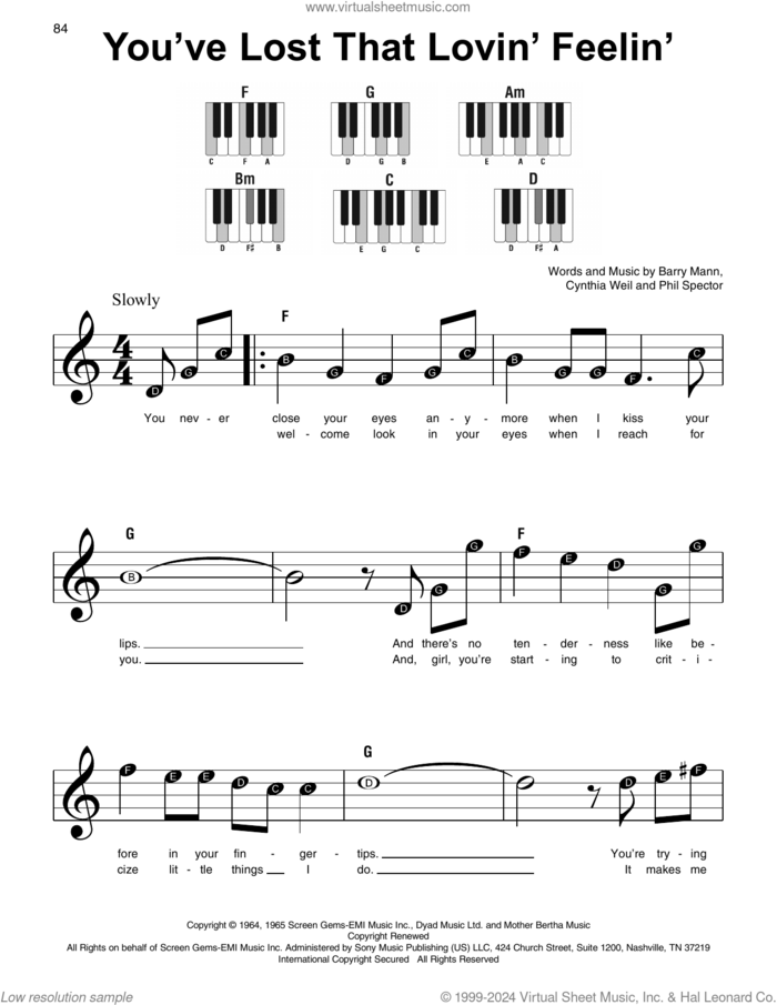 You've Lost That Lovin' Feelin' sheet music for piano solo by The Righteous Brothers, Elvis Presley, Barry Mann, Cynthia Weil and Phil Spector, beginner skill level