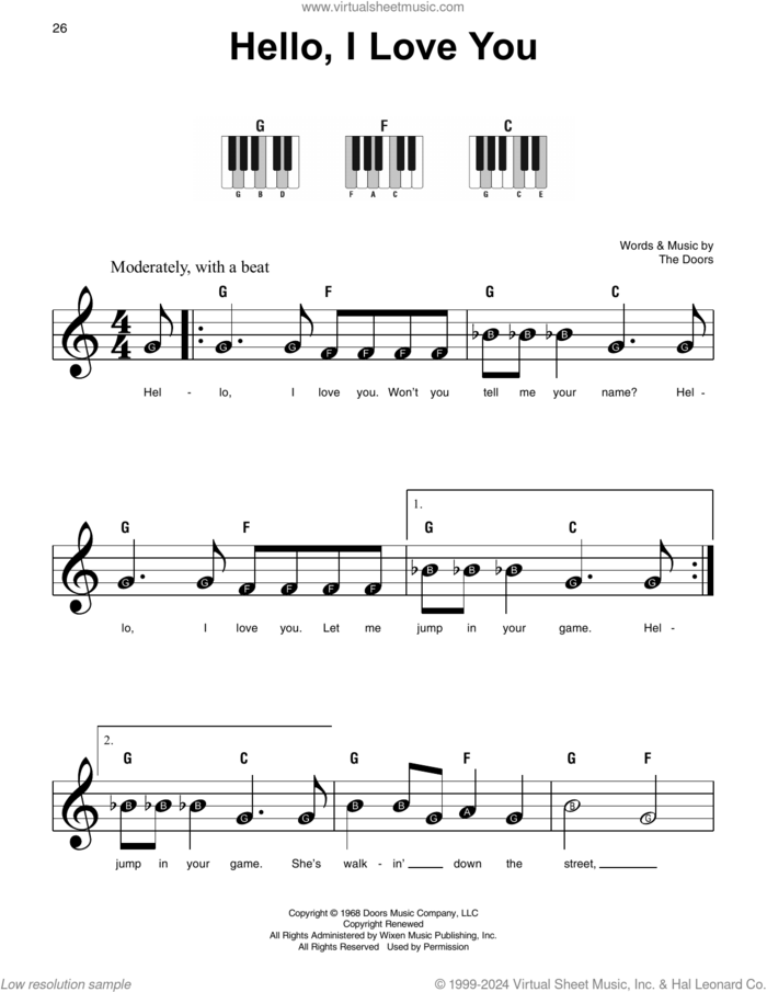 Hello, I Love You sheet music for piano solo by The Doors, Jim Morrison, John Densmore, Ray Manzarek and Robby Krieger, beginner skill level