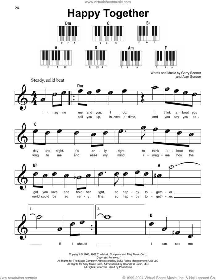 Happy Together sheet music for piano solo by The Turtles, Alan Gordon and Garry Bonner, beginner skill level