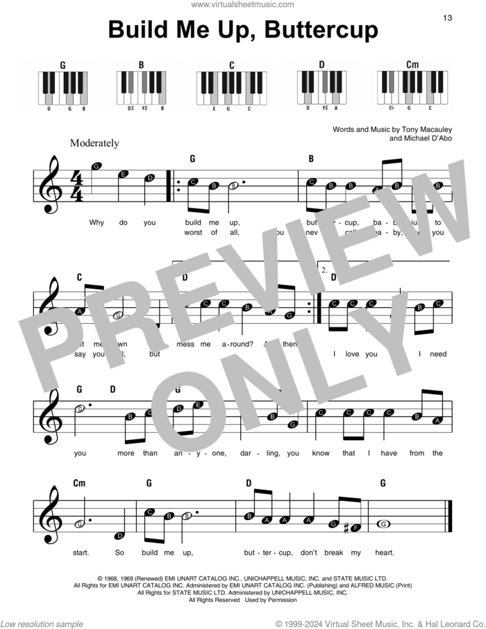 Build Me Up, Buttercup sheet music for piano solo by The Foundations and Tony MacAuley, beginner skill level