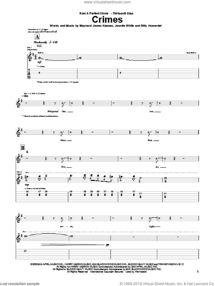 Crimes sheet music for guitar (tablature) by A Perfect Circle, Billy Howerdel, Jeordie White and Maynard James Keenan, intermediate skill level