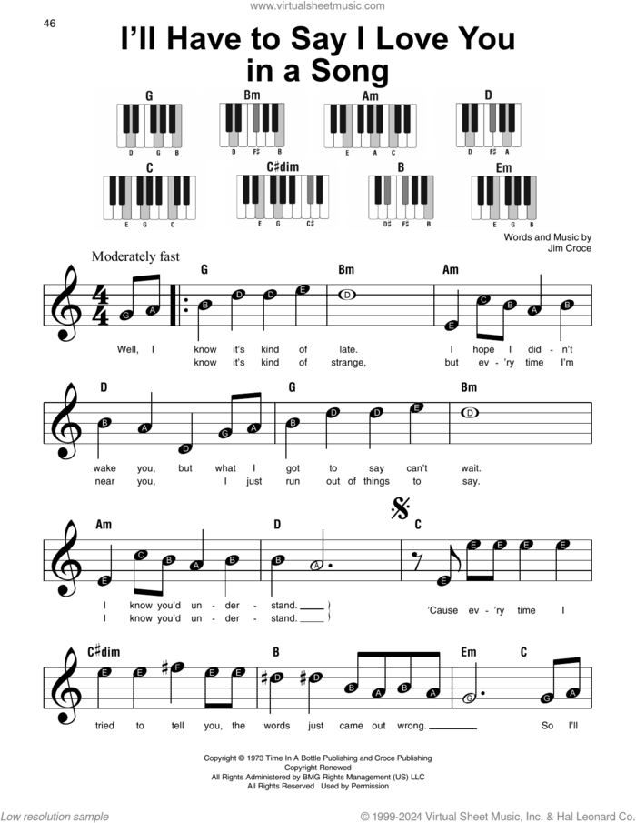 I'll Have To Say I Love You In A Song sheet music for piano solo by Jim Croce, beginner skill level