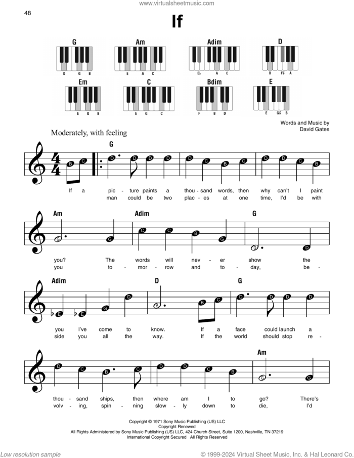 If, (beginner) sheet music for piano solo by Bread and David Gates, beginner skill level