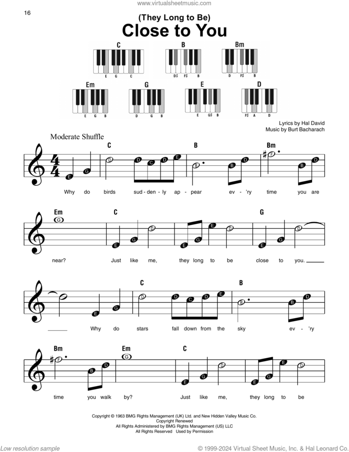 (They Long To Be) Close To You sheet music for piano solo by Carpenters, Burt Bacharach and Hal David, beginner skill level