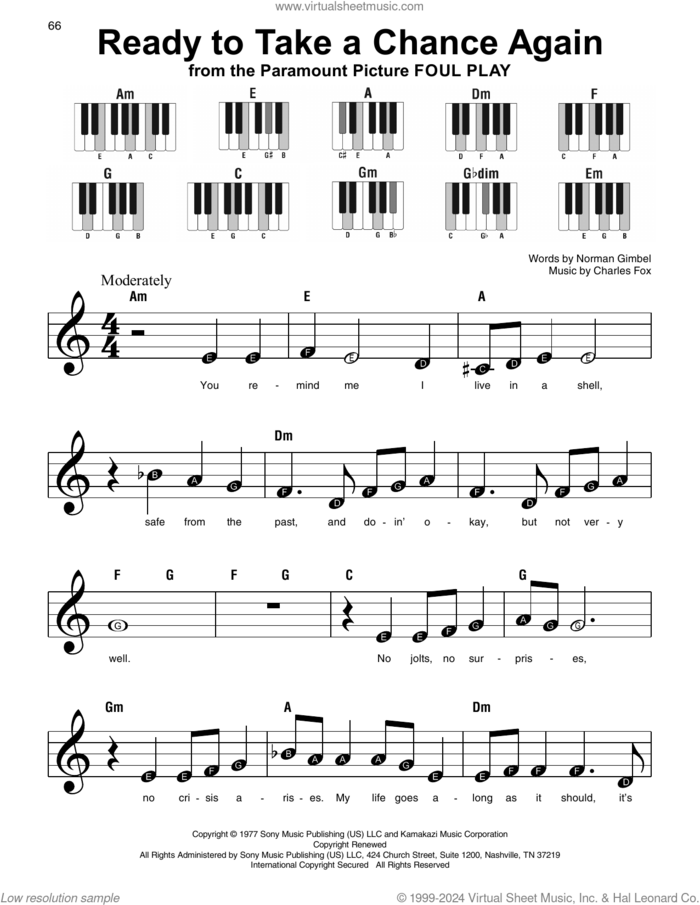 Ready To Take A Chance Again (Love Theme) (from Foul Play), (beginner) sheet music for piano solo by Barry Manilow, Charles Fox and Norman Gimbel, beginner skill level