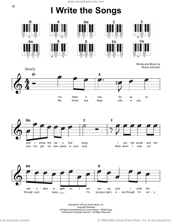 I Write The Songs, (beginner) sheet music for piano solo by Barry Manilow and Bruce Johnston, beginner skill level