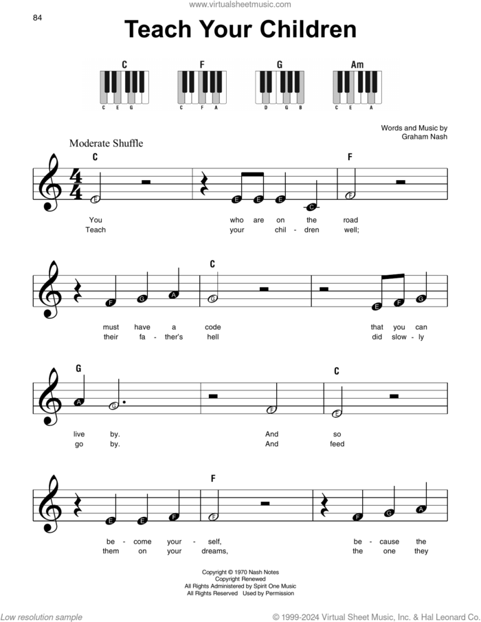 Teach Your Children, (beginner) sheet music for piano solo by Crosby, Stills, Nash & Young and Graham Nash, beginner skill level