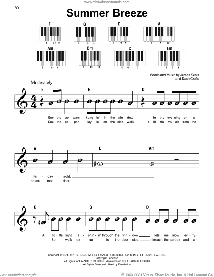 Summer Breeze, (beginner) sheet music for piano solo by Seals & Crofts, Dash Crofts and James Seals, beginner skill level