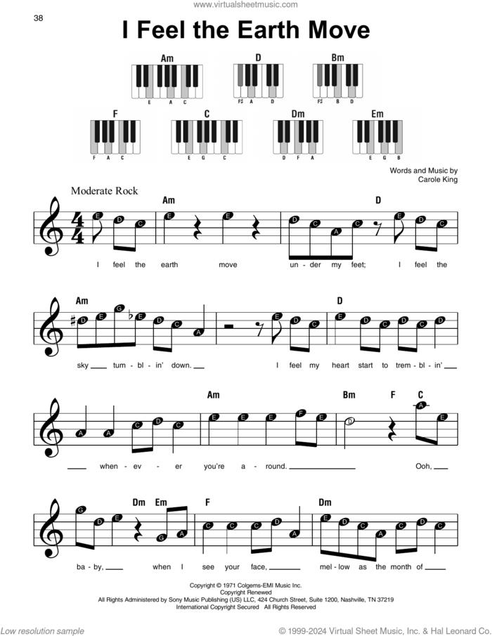 I Feel The Earth Move sheet music for piano solo by Carole King, beginner skill level