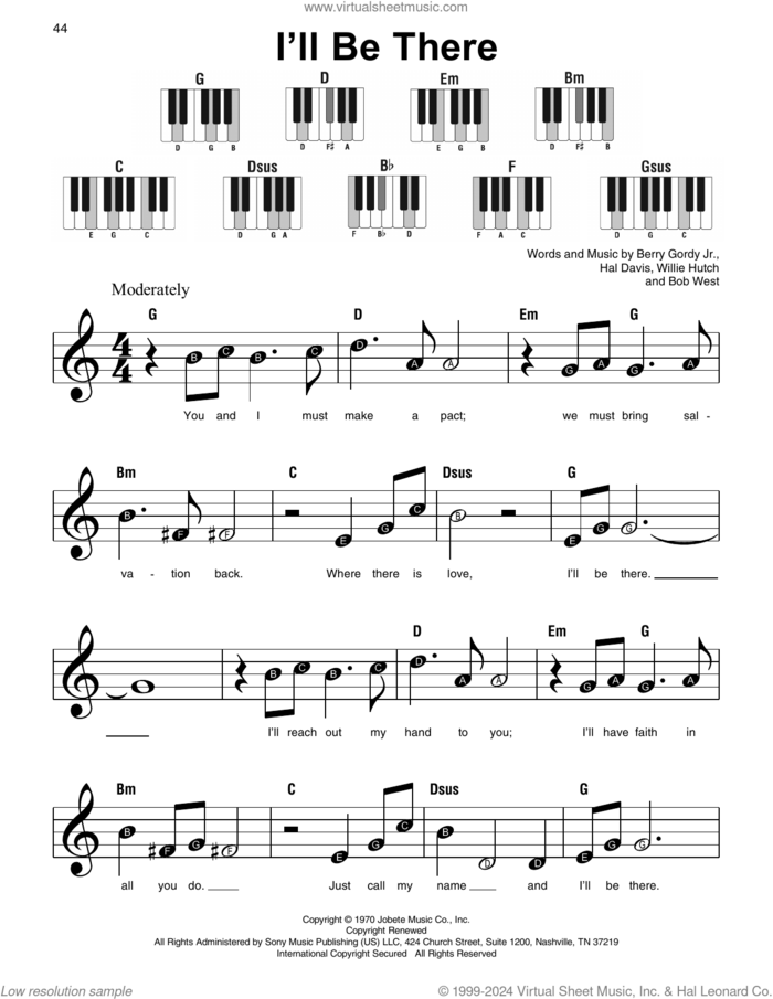 I'll Be There sheet music for piano solo by The Jackson 5, Mariah Carey, Berry Gordy Jr., Bob West, Hal Davis and Willie Hutch, beginner skill level