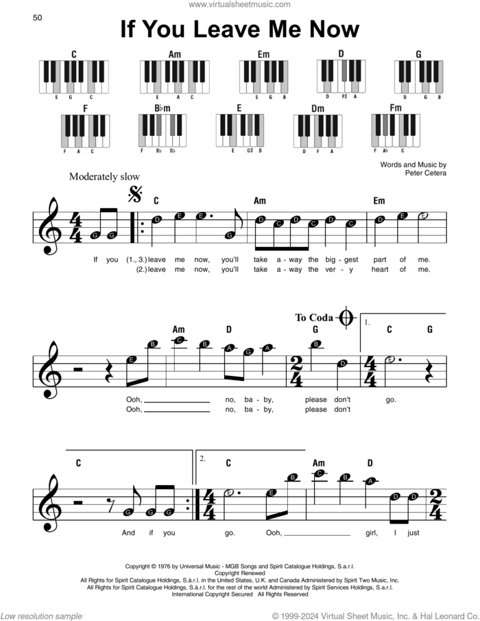 If You Leave Me Now, (beginner) sheet music for piano solo by Chicago and Peter Cetera, beginner skill level