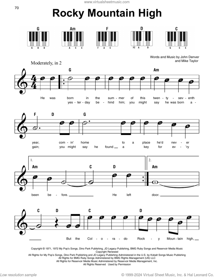 Rocky Mountain High sheet music for piano solo by John Denver and Mike Taylor, beginner skill level