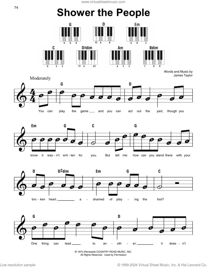 Shower The People sheet music for piano solo by James Taylor, beginner skill level