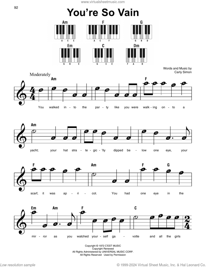 You're So Vain sheet music for piano solo by Carly Simon, beginner skill level