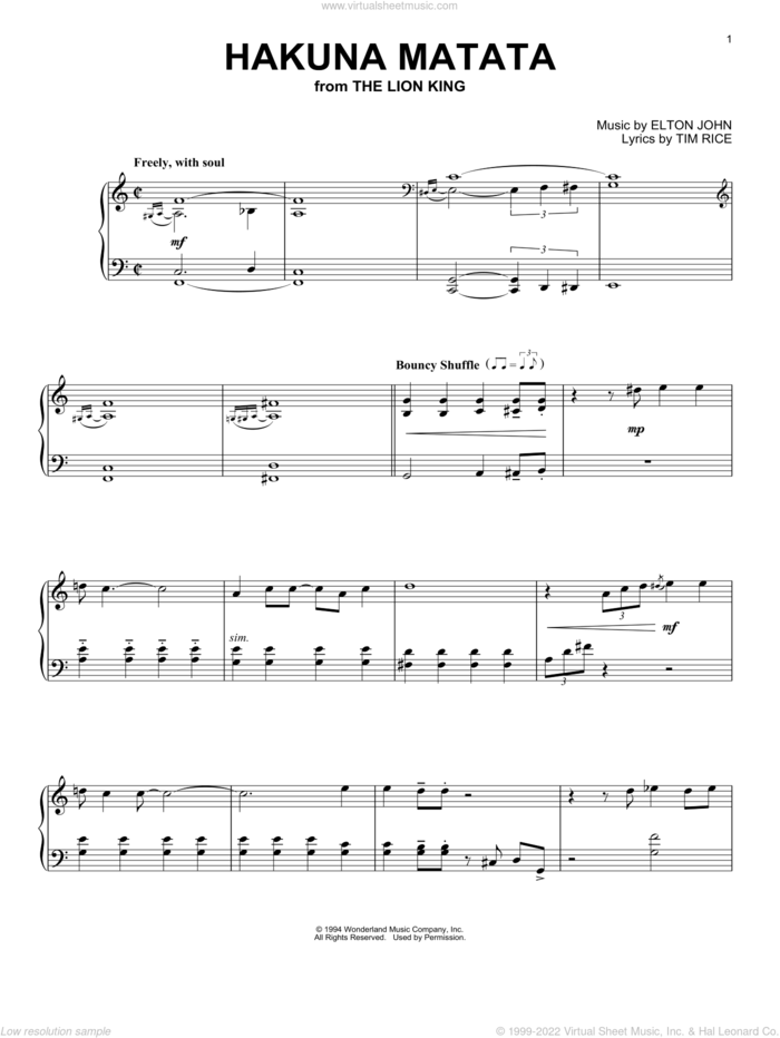 Hakuna Matata (from The Lion King) sheet music for piano solo by Elton John, The Lion King and Tim Rice, intermediate skill level