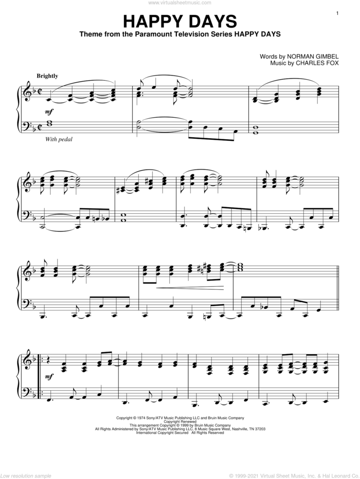 Happy Days, (intermediate) sheet music for piano solo by Pratt & McClain, Charles Fox and Norman Gimbel, intermediate skill level