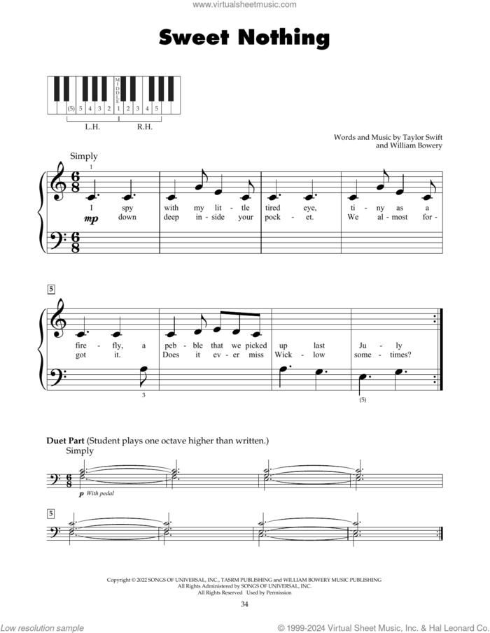 Sweet Nothing sheet music for piano solo (5-fingers) by Taylor Swift and William Bowery, beginner piano (5-fingers)