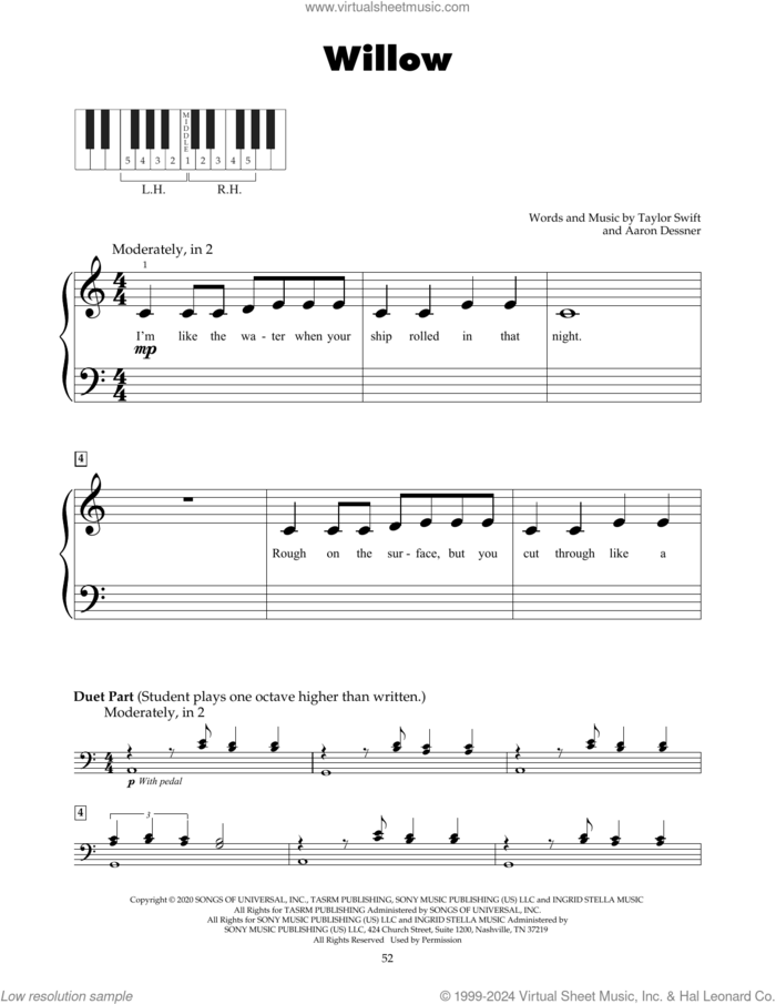 willow sheet music for piano solo (5-fingers) by Taylor Swift and Aaron Dessner, beginner piano (5-fingers)