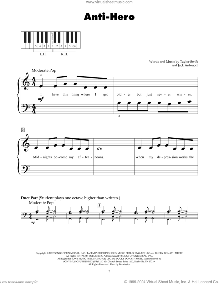 Anti-Hero sheet music for piano solo (5-fingers) by Taylor Swift and Jack Antonoff, beginner piano (5-fingers)