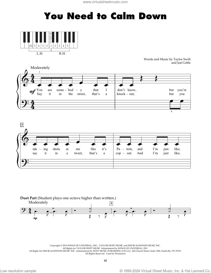 You Need To Calm Down sheet music for piano solo (5-fingers) by Taylor Swift and Joel Little, beginner piano (5-fingers)