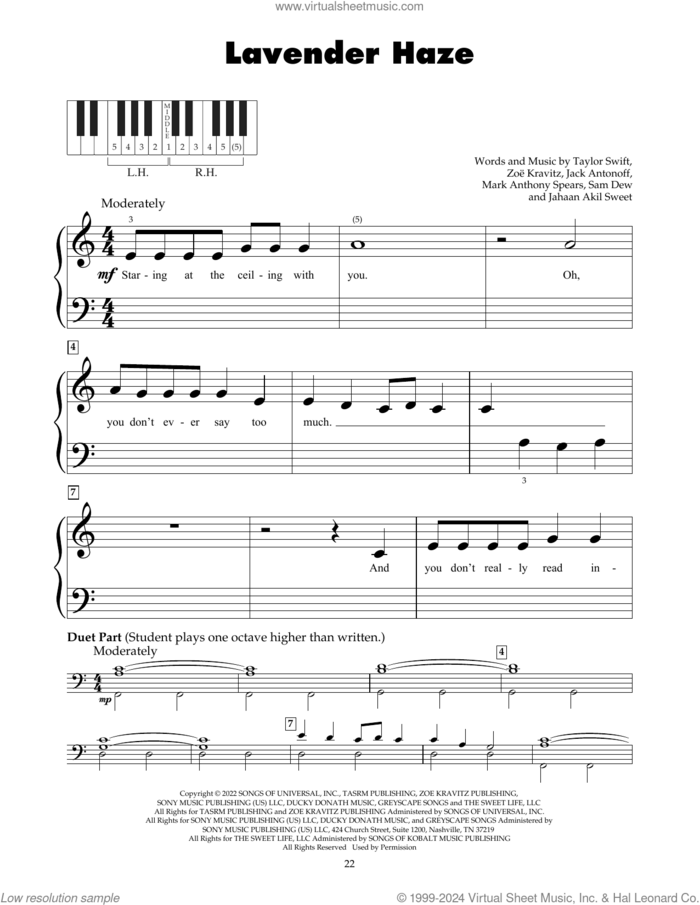 Lavender Haze sheet music for piano solo (5-fingers) by Taylor Swift, Jack Antonoff, Jahaan Akil Sweet, Mark Anthony Spears, Sam Dew and Zoe Kravitz, beginner piano (5-fingers)