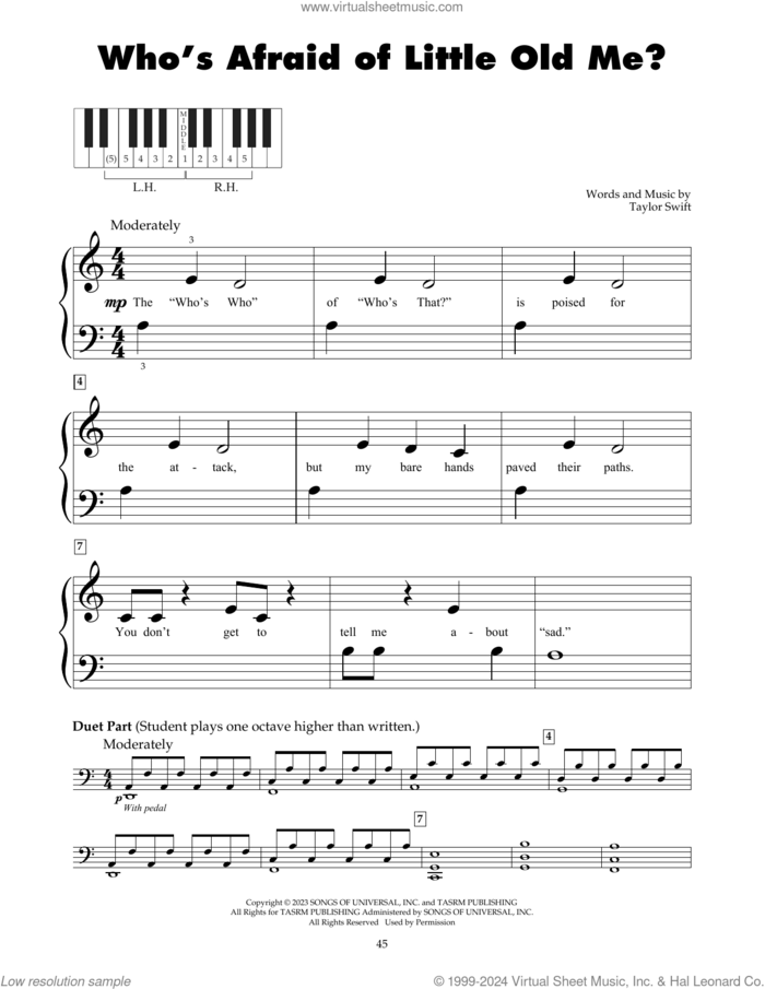 Who's Afraid of Little Old Me? sheet music for piano solo (5-fingers) by Taylor Swift, beginner piano (5-fingers)