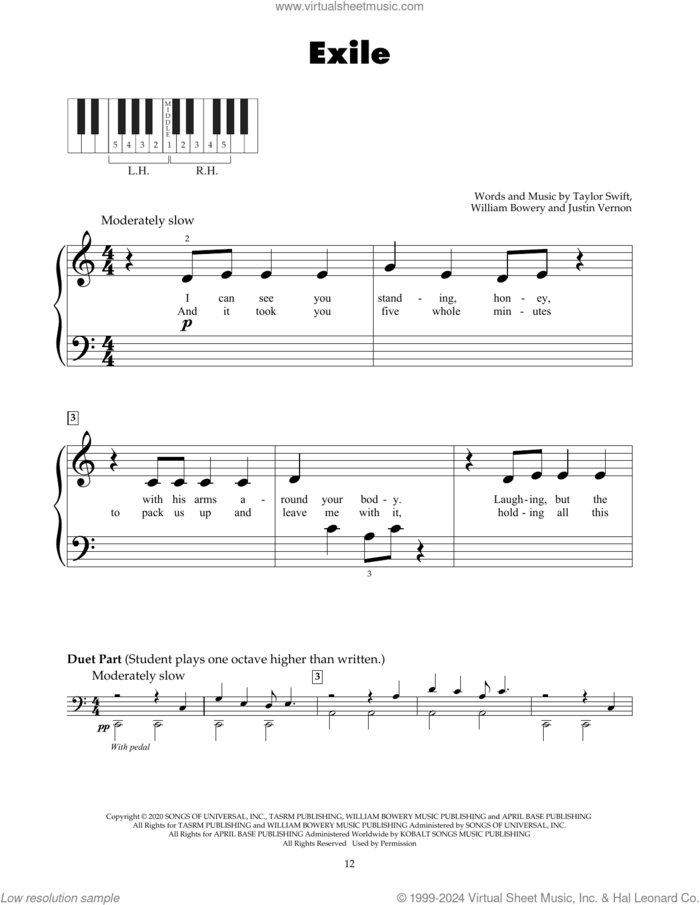 exile (feat. Bon Iver) sheet music for piano solo (5-fingers) by Taylor Swift, Justin Vernon and William Bowery, beginner piano (5-fingers)