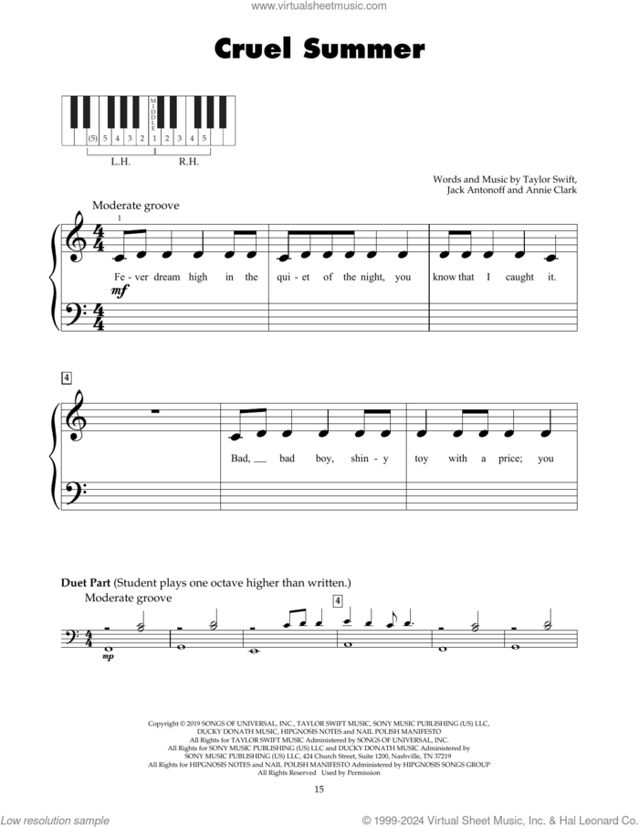 Cruel Summer sheet music for piano solo (5-fingers) by Taylor Swift, Annie Clark and Jack Antonoff, beginner piano (5-fingers)