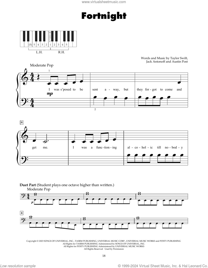 Fortnight (feat. Post Malone) sheet music for piano solo (5-fingers) by Taylor Swift, Austin Post and Jack Antonoff, beginner piano (5-fingers)