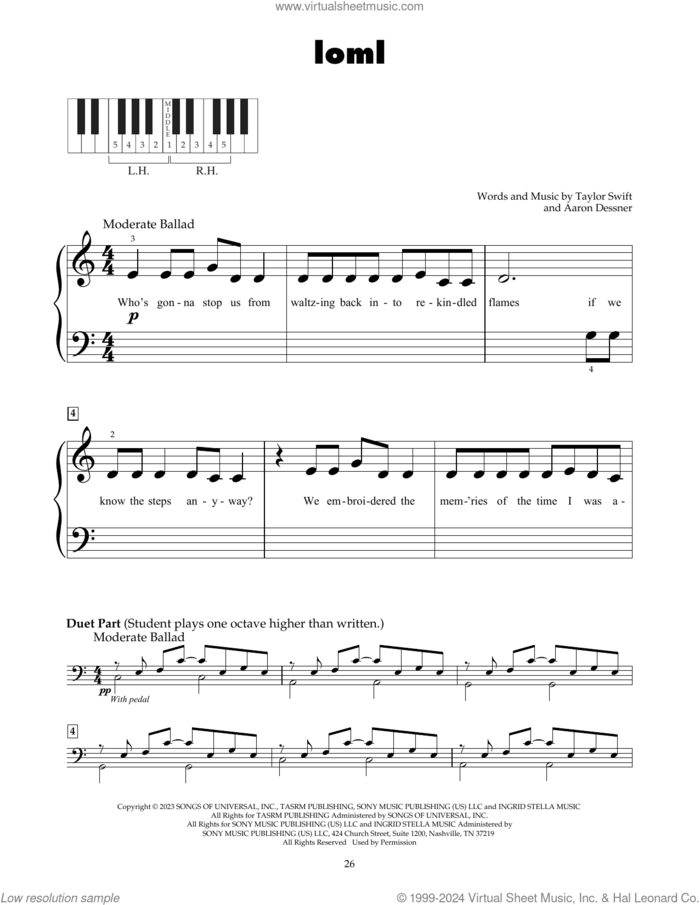 Loml sheet music for piano solo (5-fingers) by Taylor Swift and Aaron Dessner, beginner piano (5-fingers)