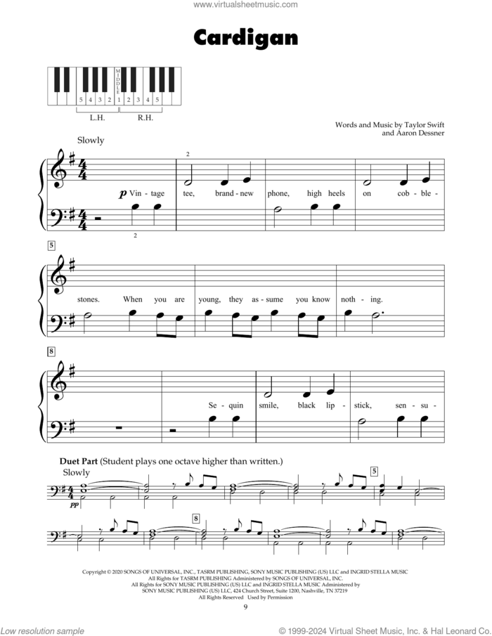 cardigan sheet music for piano solo (5-fingers) by Taylor Swift and Aaron Dessner, beginner piano (5-fingers)