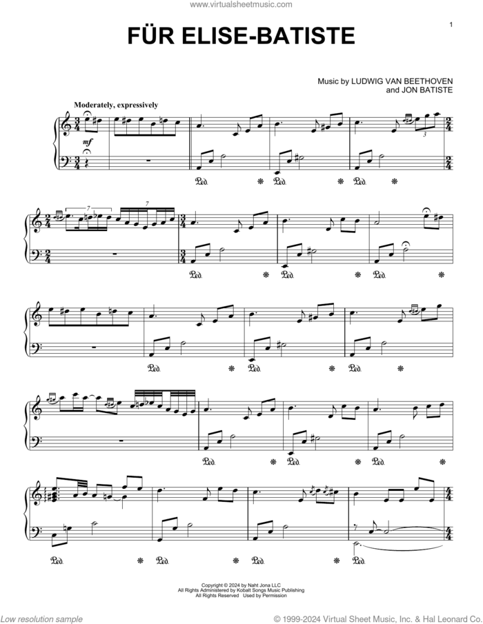 Fur Elise - Batiste sheet music for piano solo by Jon Batiste and Ludwig Van Beethoven, classical score, intermediate skill level