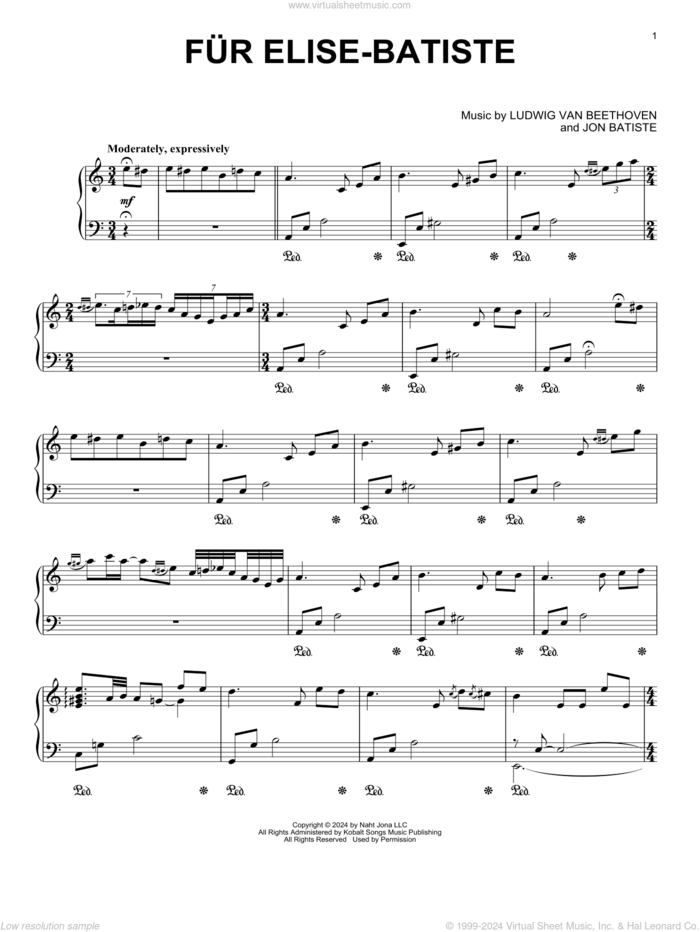 Fur Elise - Batiste sheet music for piano solo by Jon Batiste and Ludwig Van Beethoven, classical score, intermediate skill level