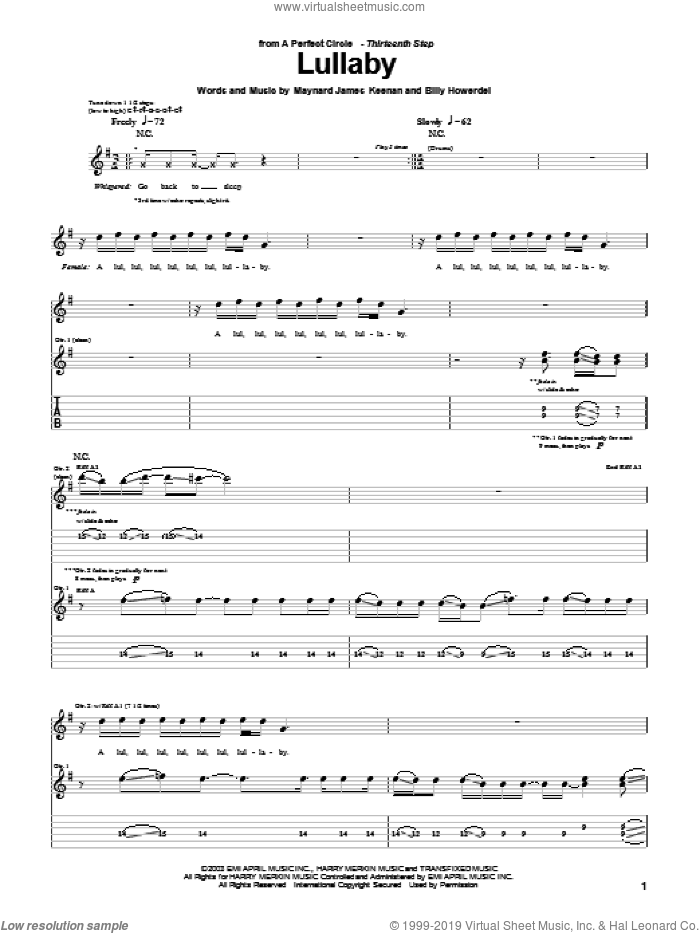 Lullaby sheet music for guitar (tablature) by A Perfect Circle, Billy Howerdel and Maynard James Keenan, intermediate skill level