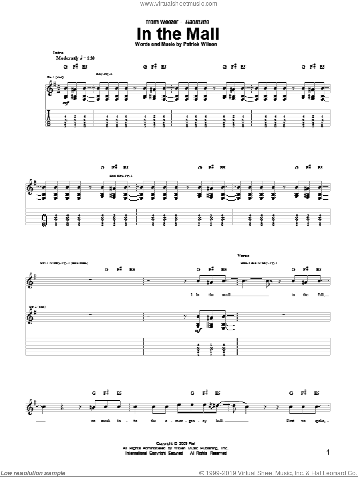 In The Mall sheet music for guitar (tablature) by Weezer and Patrick Wilson, intermediate skill level
