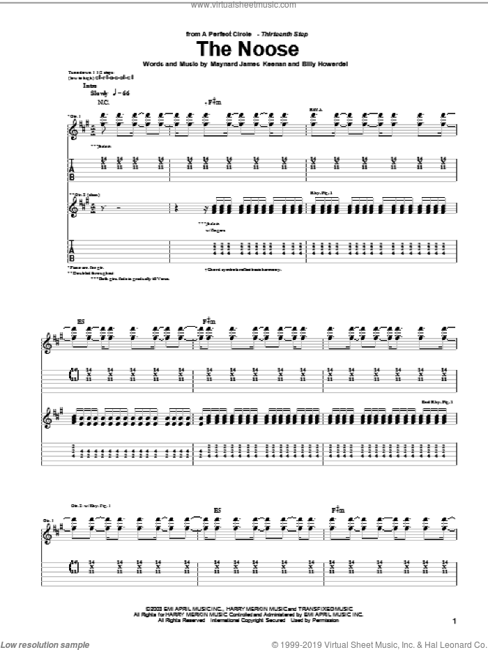 The Noose sheet music for guitar (tablature) by A Perfect Circle, Billy Howerdel and Maynard James Keenan, intermediate skill level