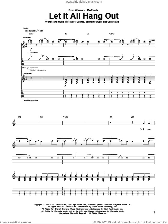 Let It All Hang Out sheet music for guitar (tablature) by Weezer, Garret Lee, Jermaine Dupri and Rivers Cuomo, intermediate skill level
