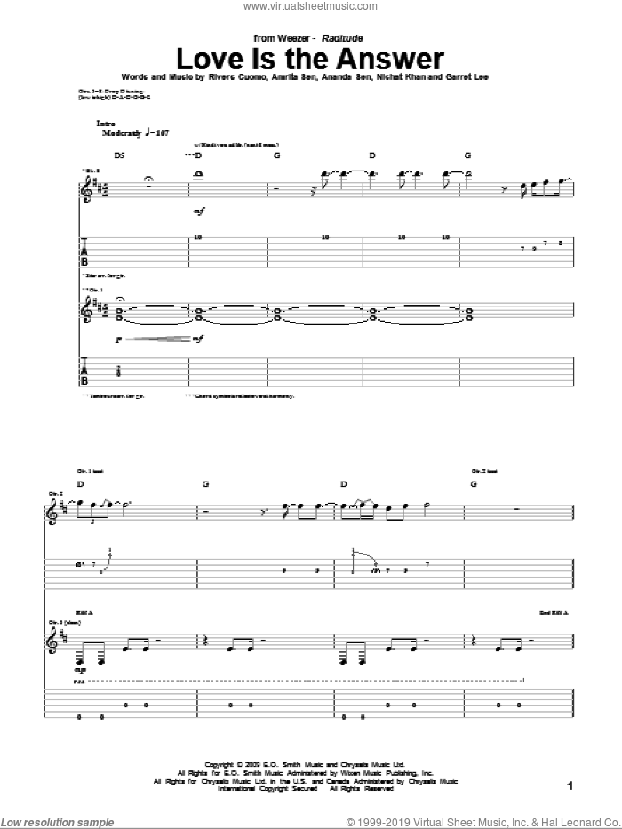 Love Is The Answer sheet music for guitar (tablature) by Weezer, Amrita Sen, Ananda Sen, Garret Lee, Nishat Khan and Rivers Cuomo, intermediate skill level