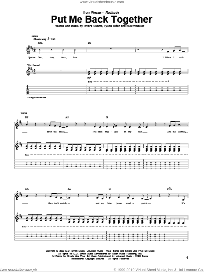 Put Me Back Together sheet music for guitar (tablature) by Weezer, Nick Wheeler, Rivers Cuomo and Tyson Ritter, intermediate skill level